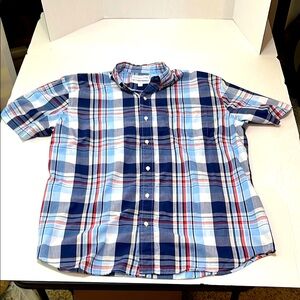 Saddle Bred men’s shirt, short sleeve, button-down plaid, red, white, and blue
